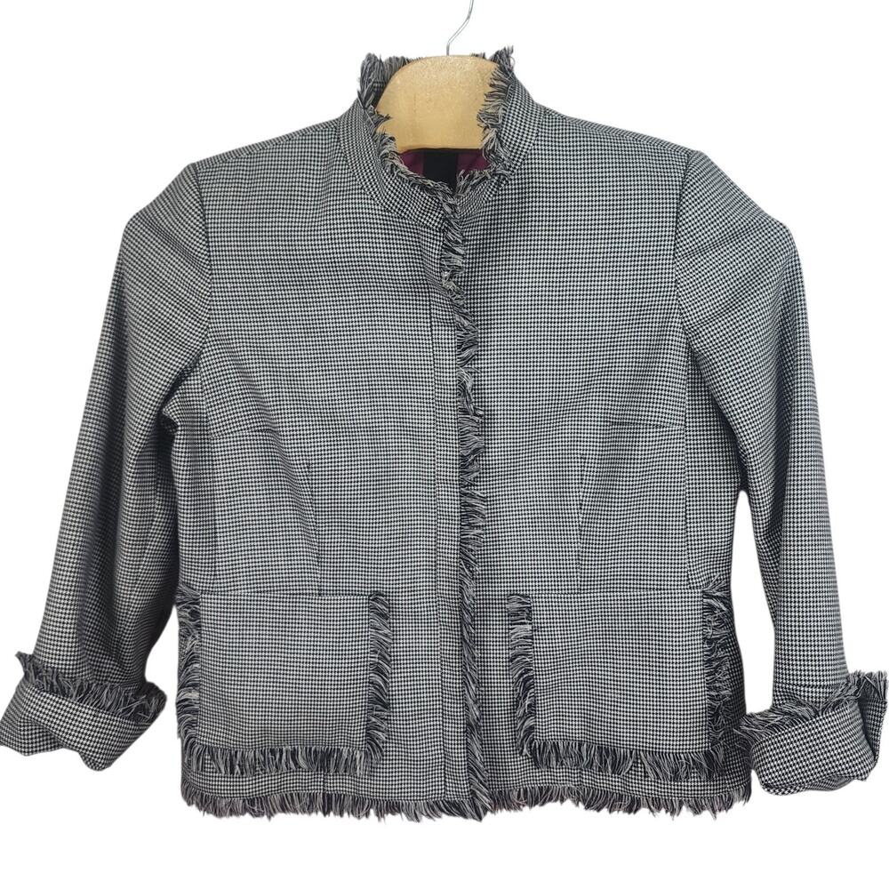 Harve Benard Jacket Wool Houndstooth Black White Zip Fringe Trim Pockets Size 16